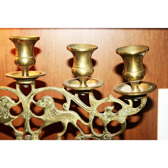 Antique Set of Judea Lions Three-Armed Shabbat Candelabra - Picture 6 of 8